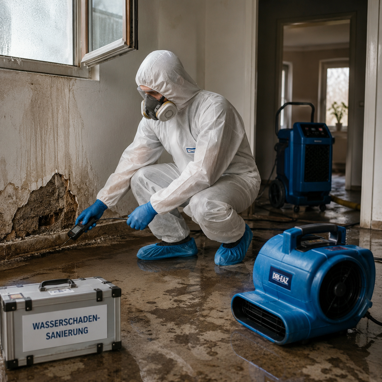 Fachgerechte Wasserschadensanierung mit Feuchtigkeitsmessung und Trocknungstechnik