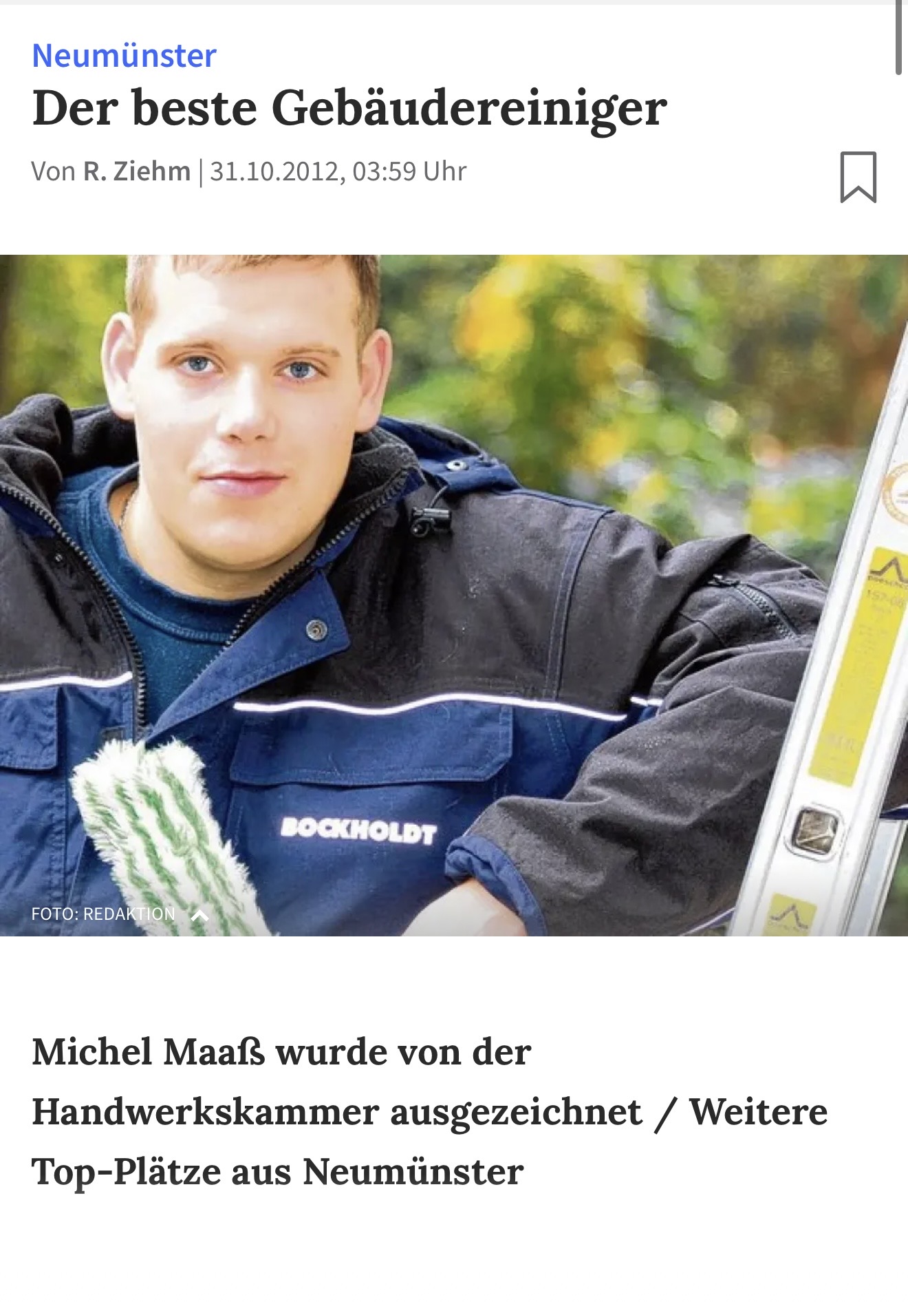 Michel Maaß während seiner Ausbildung bei Bockholdt Gebäudedienste in Neumünster