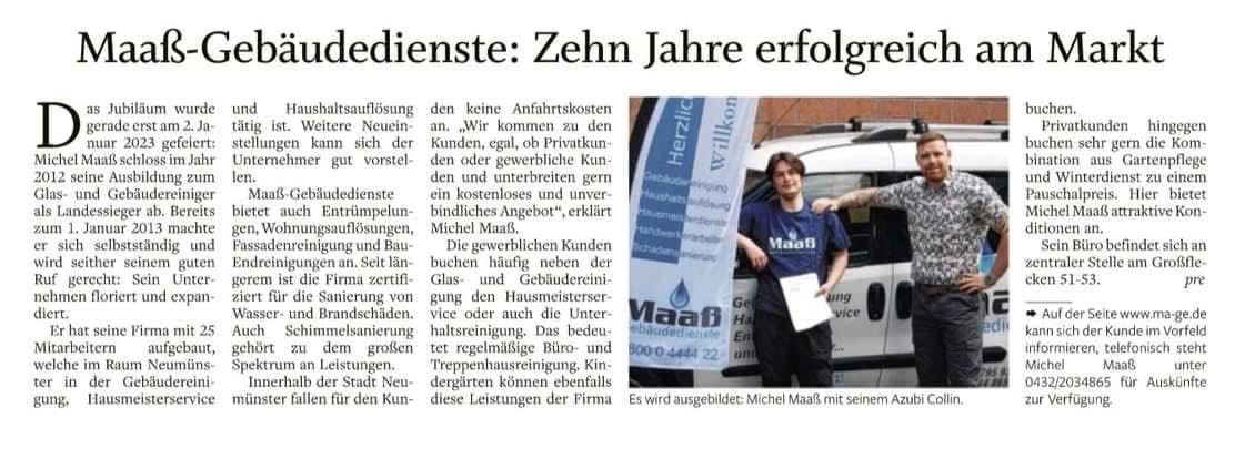 Zeitungsartikel zum Jubiläum von Maaß Gebäudedienste in Neumünster